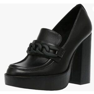 FOWT Black Platform Round Toe Pumps Chain Chunky High Heel Loafers Slip on Shoes